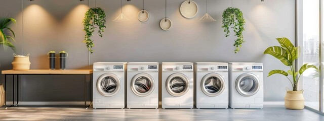 washing machines in a clean organized neat utility laundry room or washing service room interior front view shot as wide banner mockup design with copy space