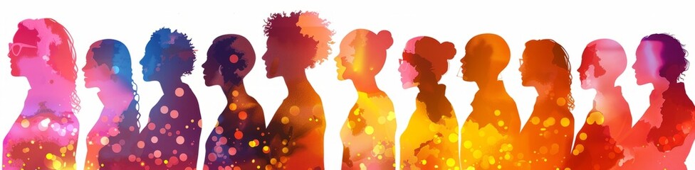 Colorful silhouettes of a group of people with a diverse background and heavenly illustration Generative AI