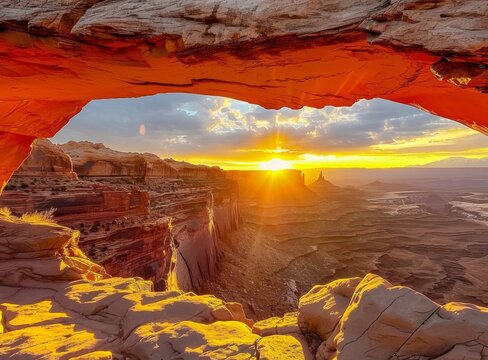 a view of a sunset through an archway in the desert