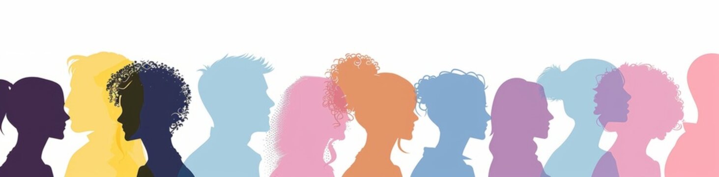 A group of multicolored silhouettes of people in different skin shades and hair colors Generative AI