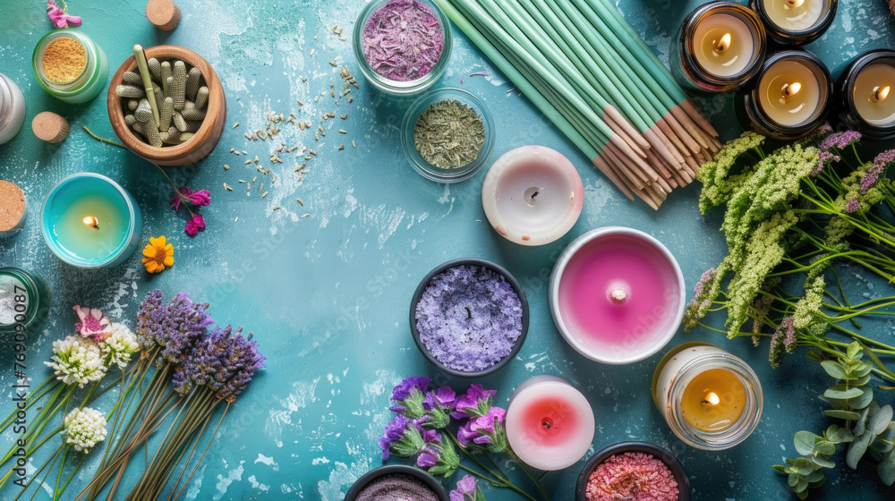 Poster different types of candles displayed on a table, creating a vibrant and colorful arrangement