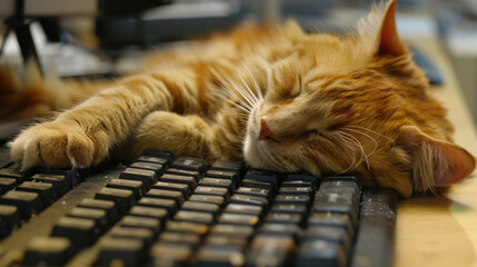 A domestic cat curled up and sleeping on top of a computer keyboard, pressing random keys - obrazy, fototapety, plakaty