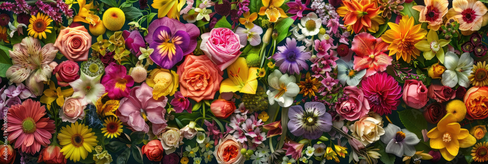 Poster a display of various vibrant flowers arranged neatly on a wall, adding a pop of color and nature to 