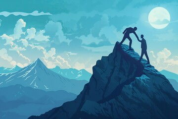 Two businessmen in suits collaborating to scale a mountain summit, one helping the other to ascend a mountain peak, concept of teamwork, mentorship, success, support and achieving goals together. 