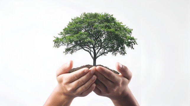 World kindness day concept Human hands holding, World environment day concept: Human hand holding small tree over blurred agriculture field background, Generative Ai 