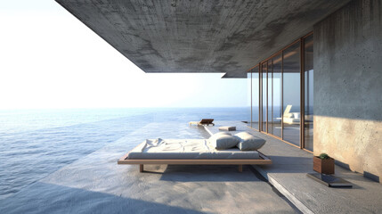 Obraz premium A bed is placed on a wooden floor by the ocean, showcasing a unique location for relaxation and rest
