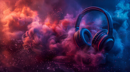 World music day banner with headset headphones on abstract colorful dust background. Music day event and musical instruments, Generative Ai - obrazy, fototapety, plakaty