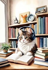 Cute cat wearing headphones and reading a book. Good for articles or blog posts about cats, animals, pets, reading, education, or music.