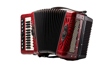 A vibrant red accordion positioned elegantly on a pristine white backdrop