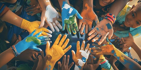 A group of children's hands with different colors painted on them, showing unity and diversity in the world.  - obrazy, fototapety, plakaty