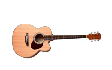 A beautifully crafted wooden guitar displayed against a clean white background