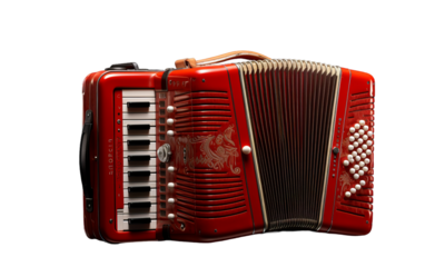 A vibrant red accordion stands out against a clean white background