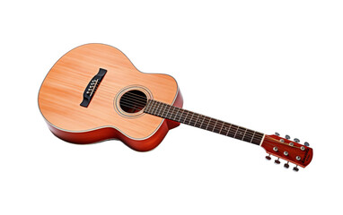 A small acoustic guitar with a wooden body, resting peacefully on a rustic table