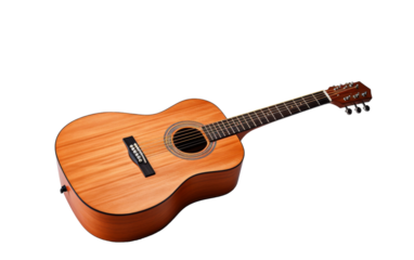 A wooden guitar stands elegantly against a pristine white backdrop