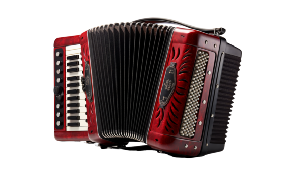 A vibrant red accordion positioned elegantly on a pristine white backdrop