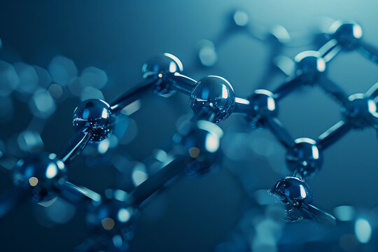 Selective focus of 3D rendering of carbon molecular structure model background for science, technology and research in sports or medical industries.