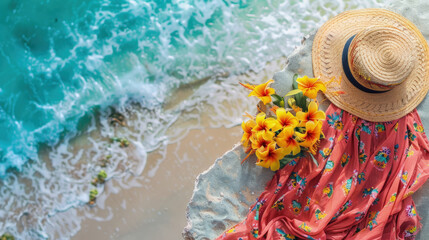 Vibrant floral dress and straw hat sits by a clear turquoise ocean, holding a bouquet of yellow flowers - Powered by Adobe