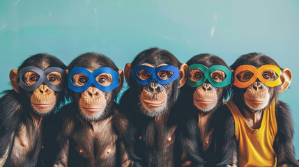 A row of chimps is adorned with bright superhero masks, bringing a whimsical twist to the natural world - obrazy, fototapety, plakaty