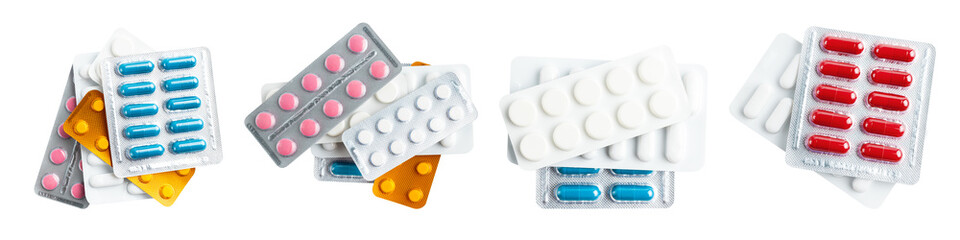 Collage of various medicine capsules, pills and tablets in a blister pack isolated on transparent background, healthcare and medicine concept, top view