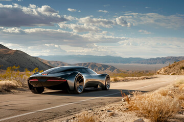 Fototapeta na wymiar Autonomous Electric Supercar Concept on Desert Road, Advanced Transportation