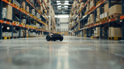 A toy car is stationary on the concrete floor of a warehouse, surrounded by boxes and tools - Powered by Adobe