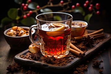 Sip the coziness of apple mulled drink! Warm apples dance with spices in a fragrant hug. A sip unfolds a symphony of cinnamon, cloves, and joy. It's like autumn in a cup - obrazy, fototapety, plakaty