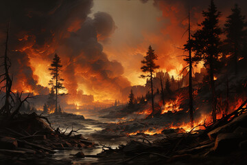 A painting depicting a raging fire engulfing a forest, with flames licking at the trees and smoke billowing into the sky - obrazy, fototapety, plakaty