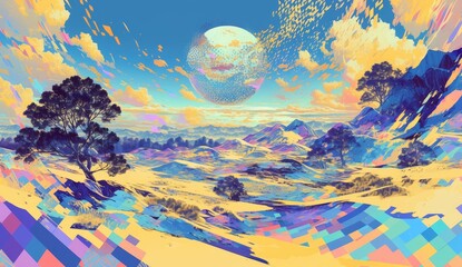 A psychedelic rainbow mountain with trees and clouds, in the style of psychedelic art, colorful background, psychedelic colors