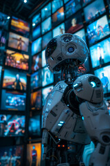 A robot stands in front of multiple CCTV camera displays, a futuristic atmosphere filled with technology.