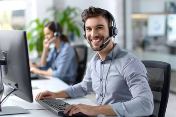 Young man receptionist with headset working in a call centre