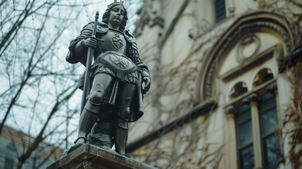 Fototapeta na wymiar A Catholic statue of Saint Joan of Arc mounted on a stone pedestal