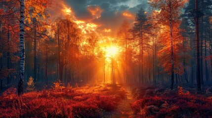 Vivid morning in colorful forest with sun - obrazy, fototapety, plakaty