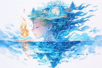 A watercolor illustration of an island in the shape of a woman's head with coral reef growing on her hair, surrounded by calm waters and reflection. 