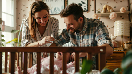 A couple assembling a crib together in the nursery with anticipation