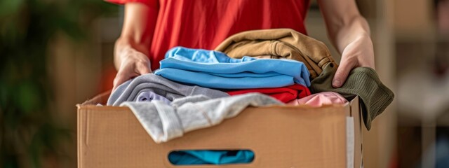 Volunteer hands holding a clothes donation box filled with clothing items of all colors