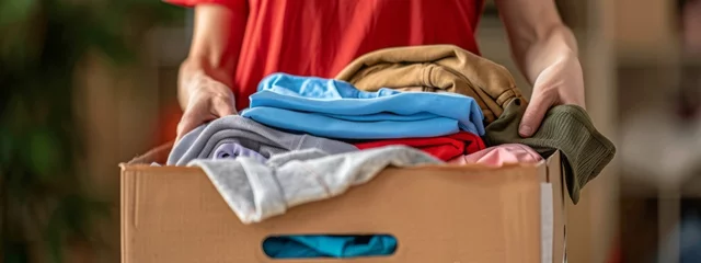 Foto op Canvas Volunteer hands holding a clothes donation box filled with clothing items of all colors © JovialFox
