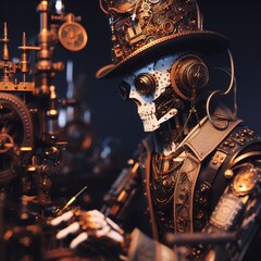 Steampunk-inspired automaton with intricate detailing and Victorian attire
