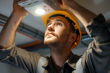 Dedicated Electrician in Yellow Hard Hat Inspecting New LED Light, Industrial Expertise