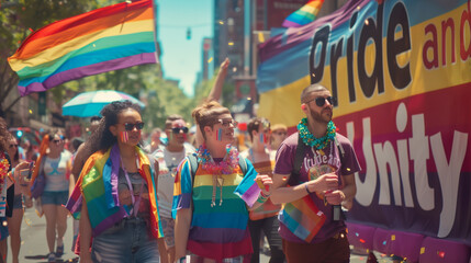 Obraz premium Diverse Group Marching With Rainbow Flags