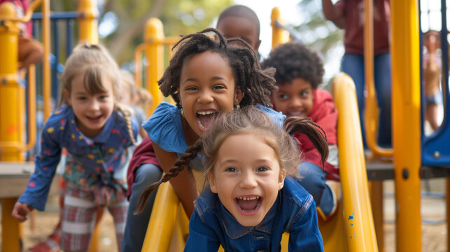 Diverse Group of Children Playing on Playground
