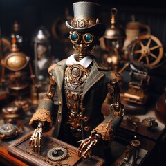 Steampunk-inspired automaton with intricate detailing and Victorian attire
