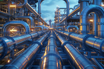 3D rendering of a modern oil and gas production plant with large pipes. - obrazy, fototapety, plakaty