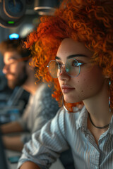 3D cartoon Caucasian woman with orange hair afro working Programmer in the office.