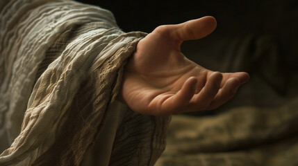 A hand reaching out to touch the hem of a garment