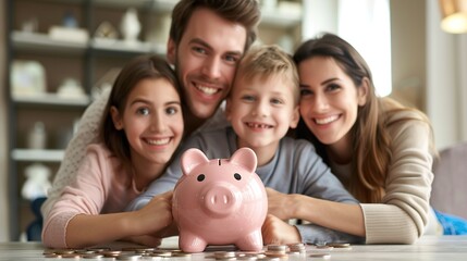 Smiling, happy young family together put coins in piggy bank to save money. Married couple are planning to save up finances. Savings, investments, financial freedom, business, hope for success. - obrazy, fototapety, plakaty