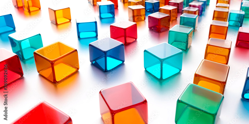 Poster a vibrant array of multi-colored plastic cubes, creating visually striking pattern. the playful colo