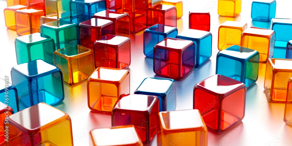 Poster a vibrant array of multi-colored plastic cubes, creating visually striking pattern. the playful colo