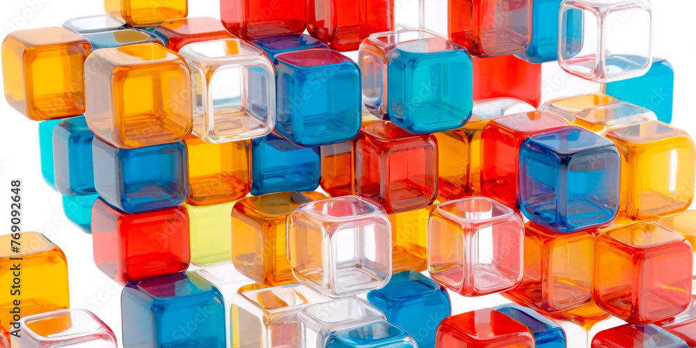 Poster a vibrant array of multi-colored plastic cubes, creating visually striking pattern. the playful colo