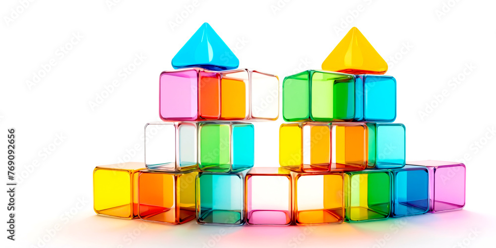 Poster a vibrant array of multi-colored plastic cubes, creating visually striking pattern. the playful colo