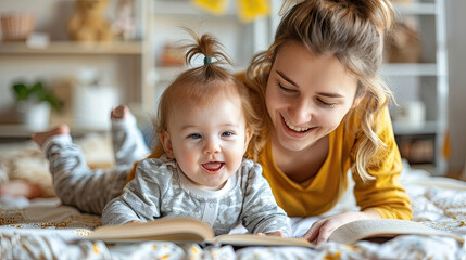 Young mother and toddler smiling and reading together on a bed.